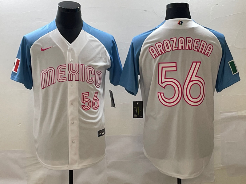 Men's Mexico Baseball #56 Randy Arozarena 2023 White Blue World Baseball Classic Stitched Jersey Men's Mexico Baseball #56 Randy Arozarena 2023 White Blue World Baseball Classic Stitched Jersey